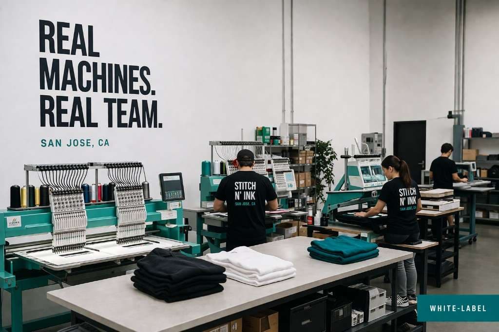 Automatic screen printing presses and embroidery machines on the Stitch N' Ink production floor