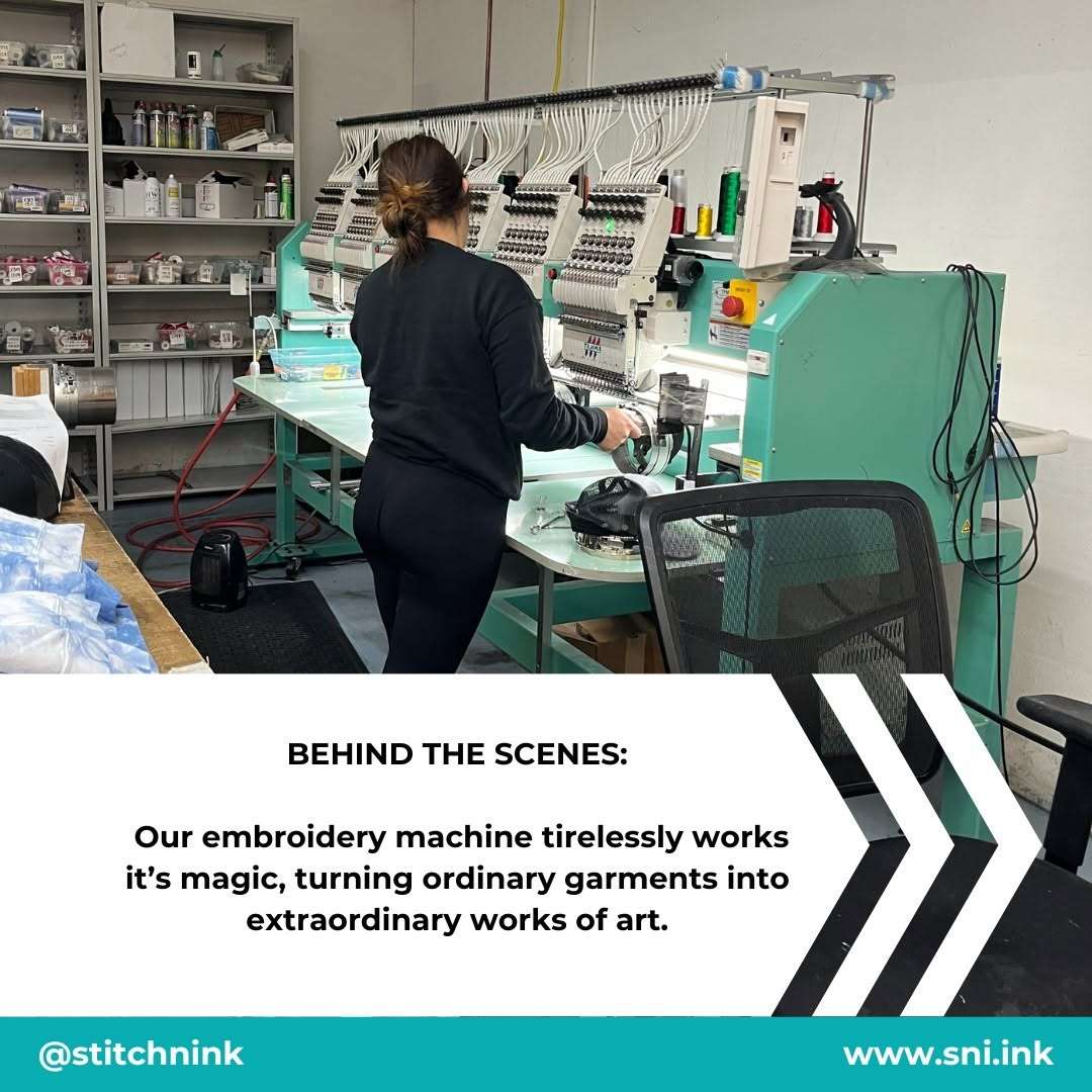 Industrial embroidery machine stitching branded apparel